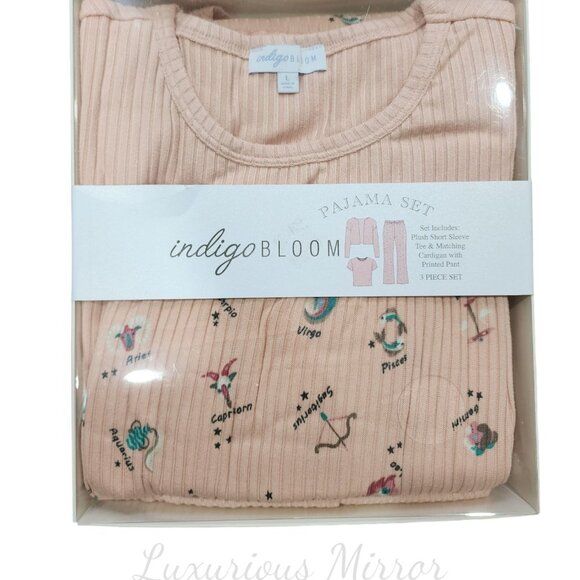 Indigo Bloom Zodiac Sign Printed Short Sleeve Top Pant 3 PC Peach Set Women's L - Picture 1 of 4